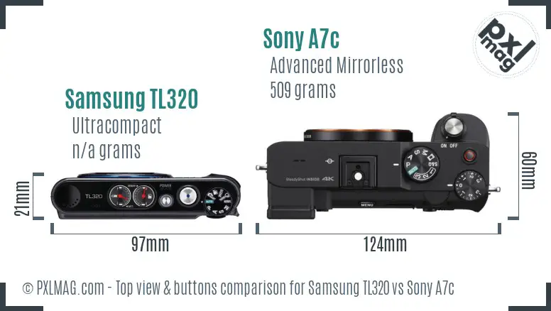 Samsung TL320 vs Sony A7c top view buttons comparison
