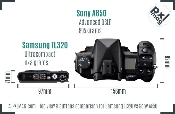 Samsung TL320 vs Sony A850 top view buttons comparison Samsung TL320 vs Sony A850 top view buttons comparison