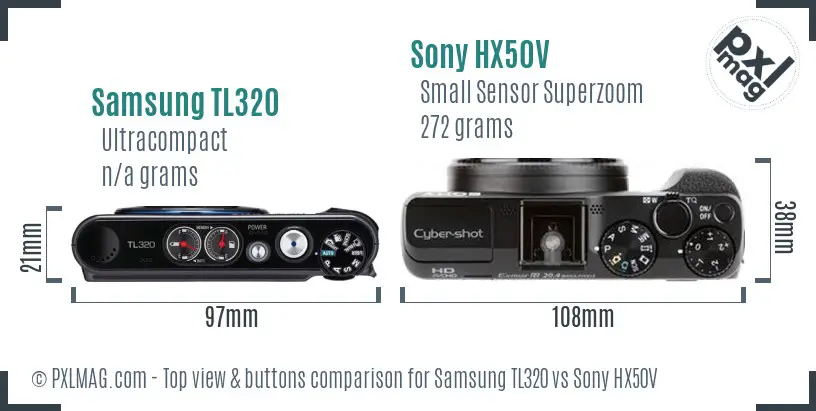 Samsung TL320 vs Sony HX50V top view buttons comparison Samsung TL320 vs Sony HX50V top view buttons comparison
