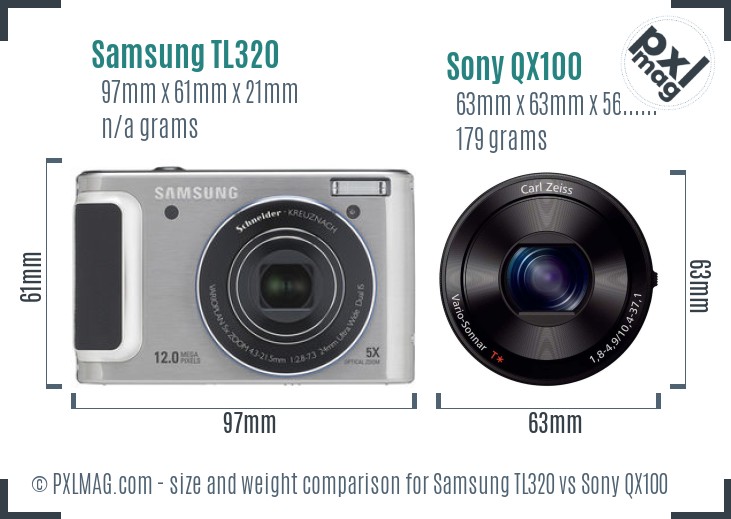 Samsung TL320 vs Sony QX100 size comparison