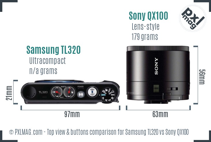 Samsung TL320 vs Sony QX100 top view buttons comparison