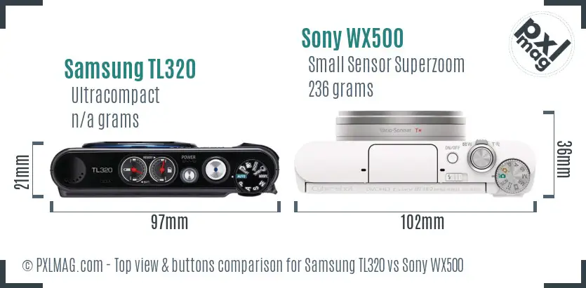 Samsung TL320 vs Sony WX500 top view buttons comparison Samsung TL320 vs Sony WX500 top view buttons comparison