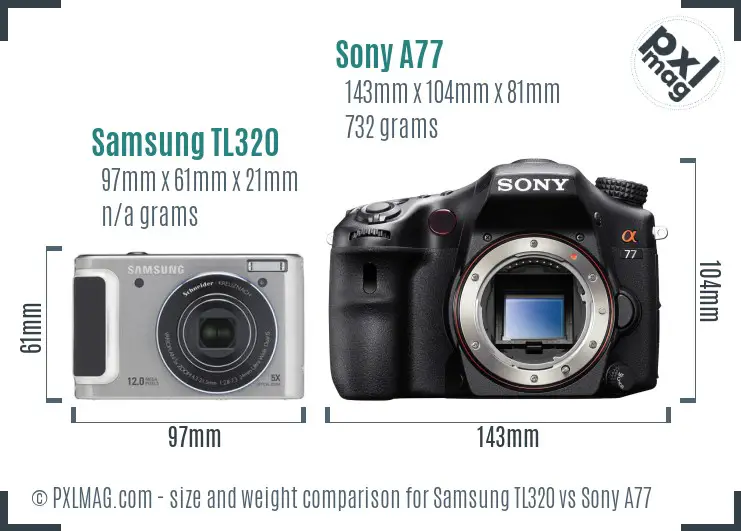 Samsung TL320 vs Sony A77 size comparison
