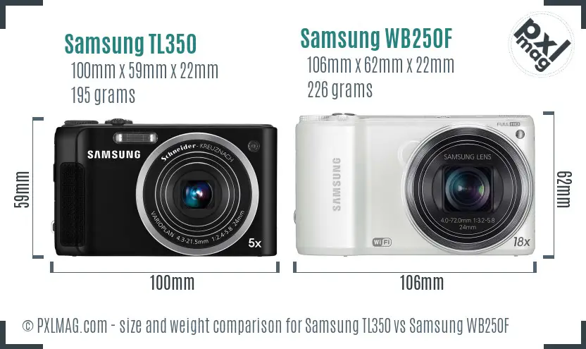 Samsung TL350 vs Samsung WB250F size comparison