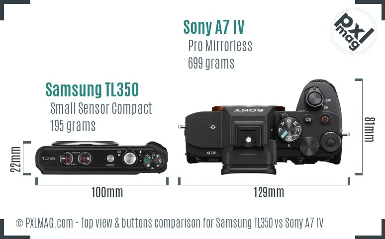 Samsung TL350 vs Sony A7 IV top view buttons comparison Samsung TL350 vs Sony A7 IV top view buttons comparison