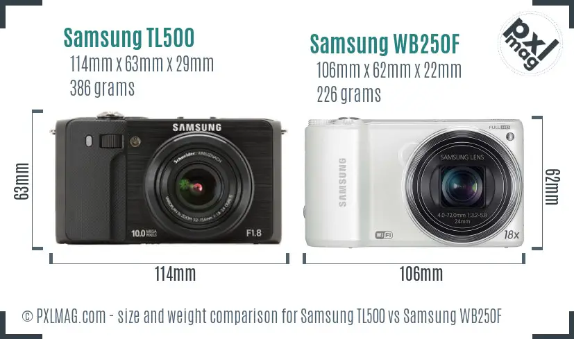 Samsung TL500 vs Samsung WB250F size comparison