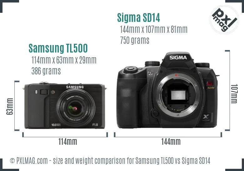 Samsung TL500 vs Sigma SD14 size comparison