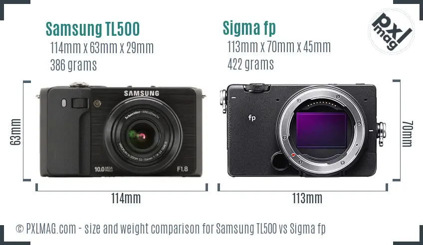 Samsung TL500 vs Sigma fp size comparison
