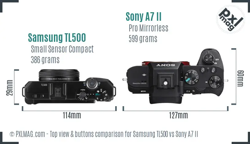 Samsung TL500 vs Sony A7 II top view buttons comparison