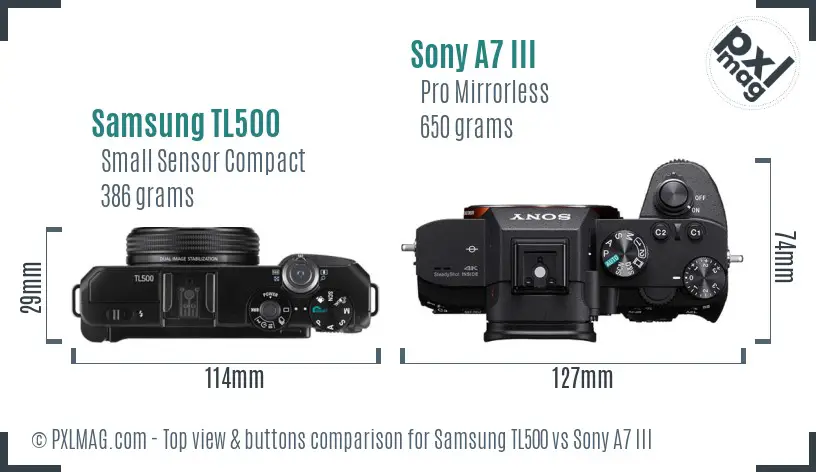 Samsung TL500 vs Sony A7 III top view buttons comparison