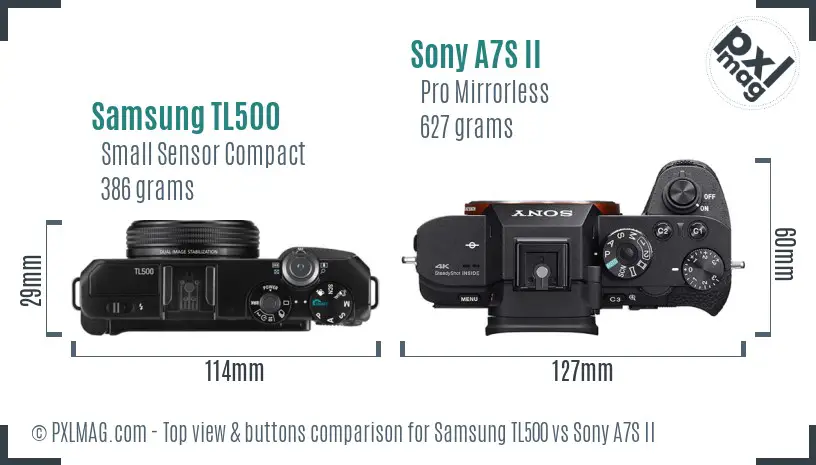 Samsung TL500 vs Sony A7S II top view buttons comparison