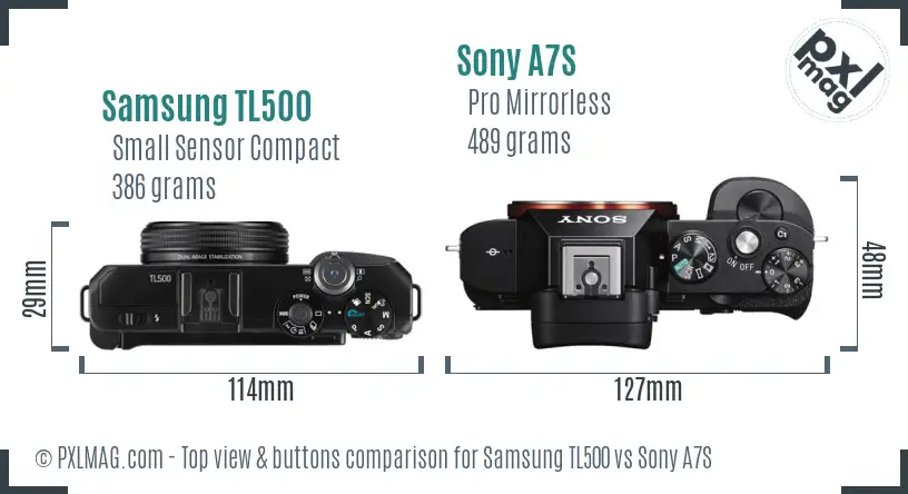 Samsung TL500 vs Sony A7S top view buttons comparison
