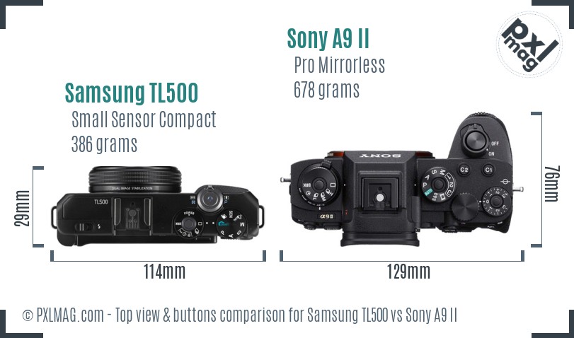 Samsung TL500 vs Sony A9 II top view buttons comparison
