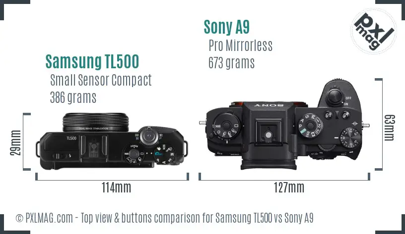 Samsung TL500 vs Sony A9 top view buttons comparison Samsung TL500 vs Sony A9 top view buttons comparison