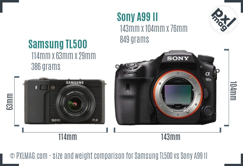 Samsung TL500 vs Sony A99 II size comparison