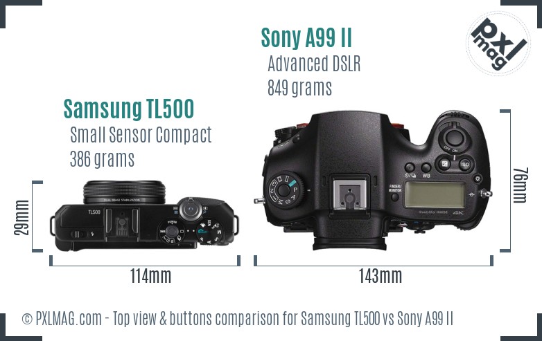 Samsung TL500 vs Sony A99 II top view buttons comparison