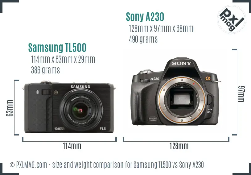 Samsung TL500 vs Sony A230 size comparison