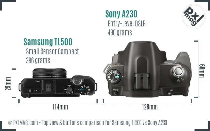 Samsung TL500 vs Sony A230 top view buttons comparison