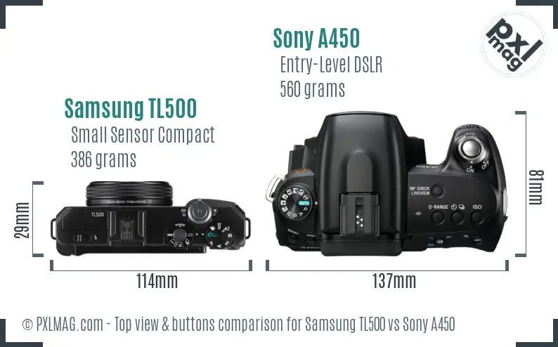 Samsung TL500 vs Sony A450 top view buttons comparison Samsung TL500 vs Sony A450 top view buttons comparison