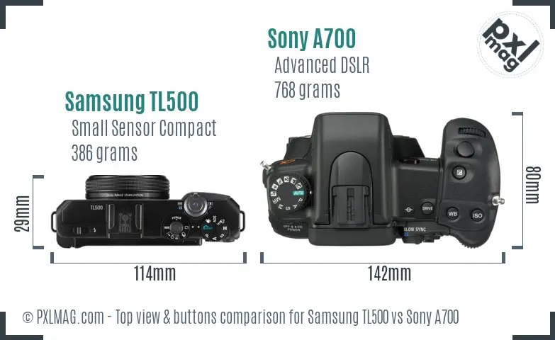 Samsung TL500 vs Sony A700 top view buttons comparison Samsung TL500 vs Sony A700 top view buttons comparison