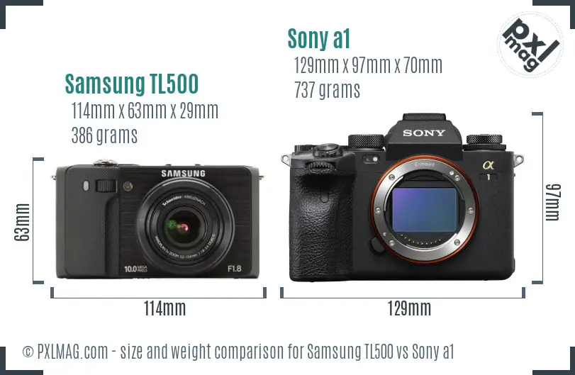 Samsung TL500 vs Sony a1 size comparison