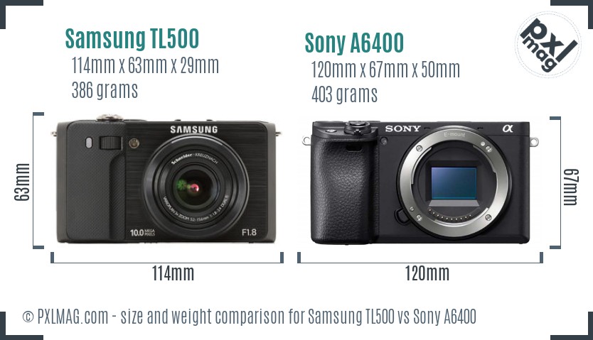 Samsung TL500 vs Sony A6400 size comparison