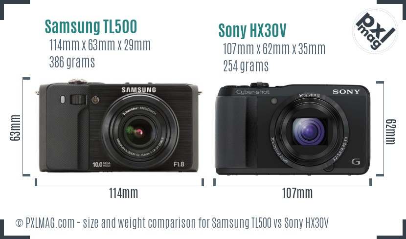 Samsung TL500 vs Sony HX30V size comparison