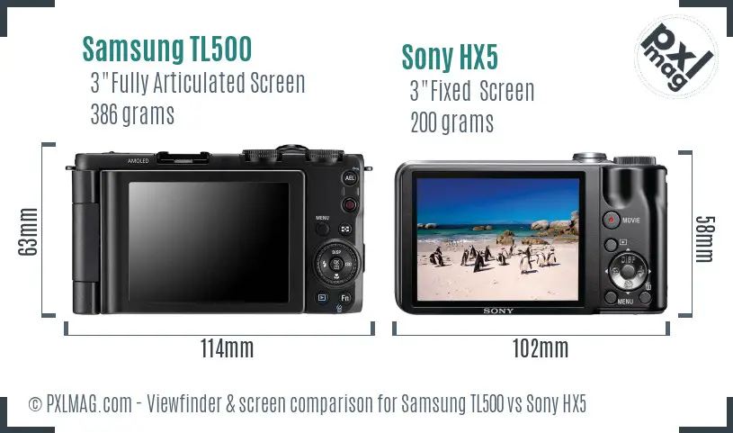 Samsung TL500 vs Sony HX5 Screen and Viewfinder comparison