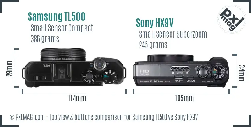 Samsung TL500 vs Sony HX9V top view buttons comparison Samsung TL500 vs Sony HX9V top view buttons comparison