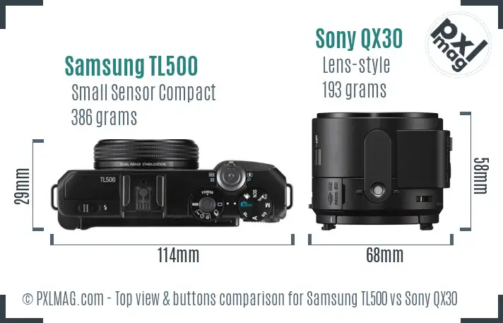 Samsung TL500 vs Sony QX30 top view buttons comparison Samsung TL500 vs Sony QX30 top view buttons comparison