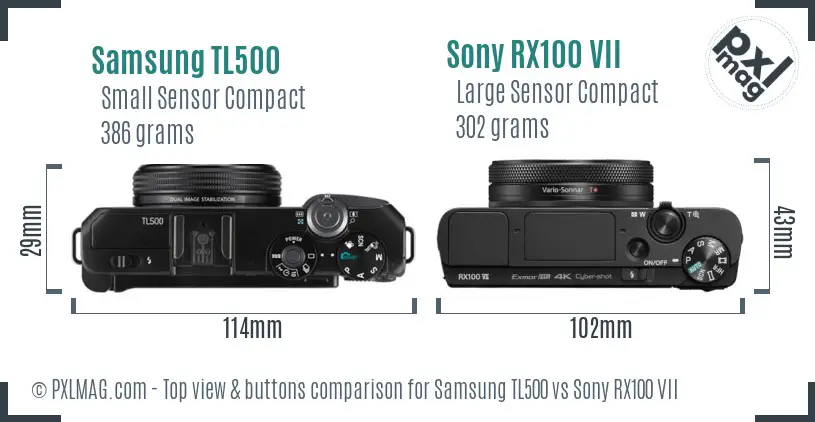 Samsung TL500 vs Sony RX100 VII top view buttons comparison Samsung TL500 vs Sony RX100 VII top view buttons comparison