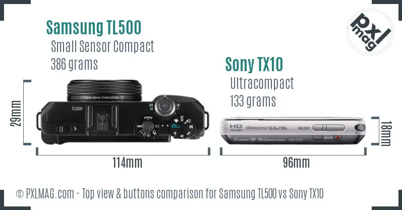 Samsung TL500 vs Sony TX10 top view buttons comparison Samsung TL500 vs Sony TX10 top view buttons comparison