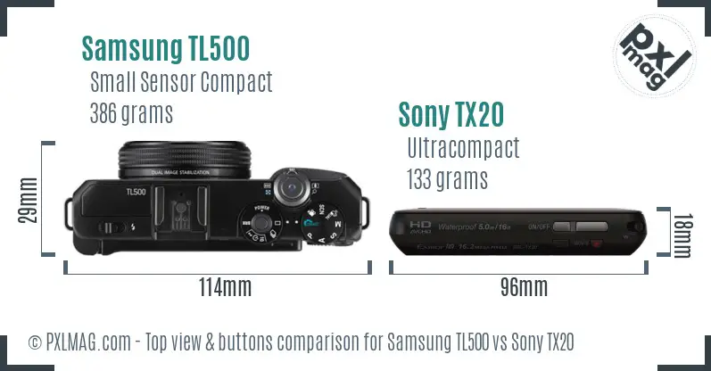 Samsung TL500 vs Sony TX20 top view buttons comparison Samsung TL500 vs Sony TX20 top view buttons comparison