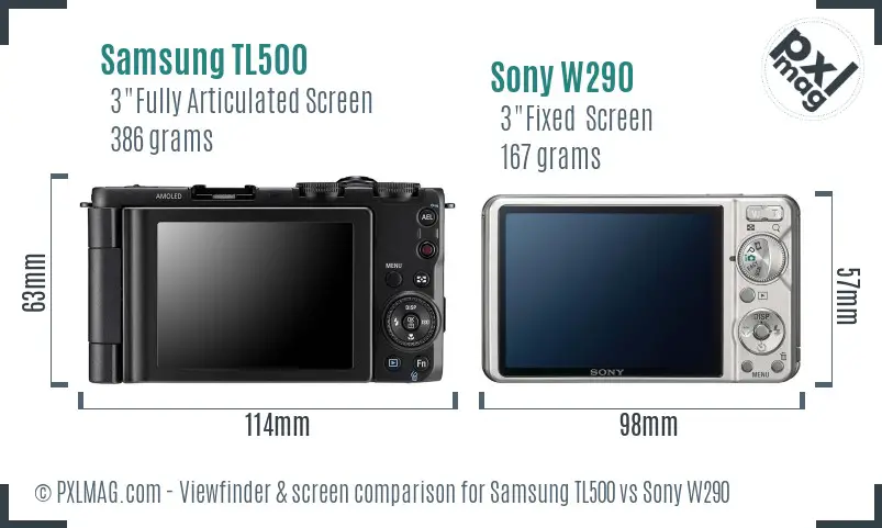 Samsung TL500 vs Sony W290 Screen and Viewfinder comparison