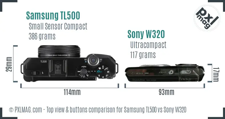 Samsung TL500 vs Sony W320 top view buttons comparison