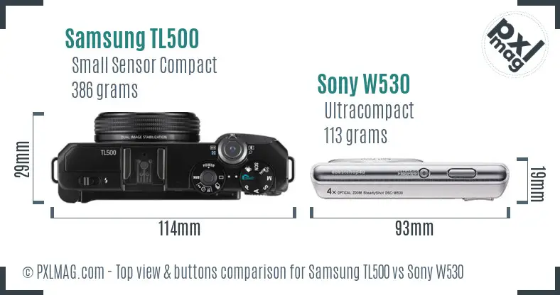 Samsung TL500 vs Sony W530 top view buttons comparison Samsung TL500 vs Sony W530 top view buttons comparison