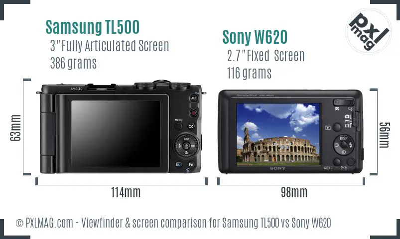 Samsung TL500 vs Sony W620 Screen and Viewfinder comparison