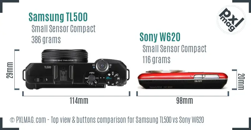 Samsung TL500 vs Sony W620 top view buttons comparison