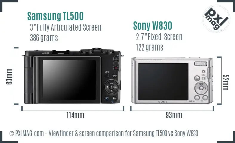 Samsung TL500 vs Sony W830 Screen and Viewfinder comparison