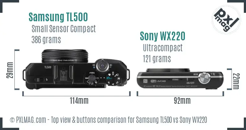 Samsung TL500 vs Sony WX220 top view buttons comparison Samsung TL500 vs Sony WX220 top view buttons comparison