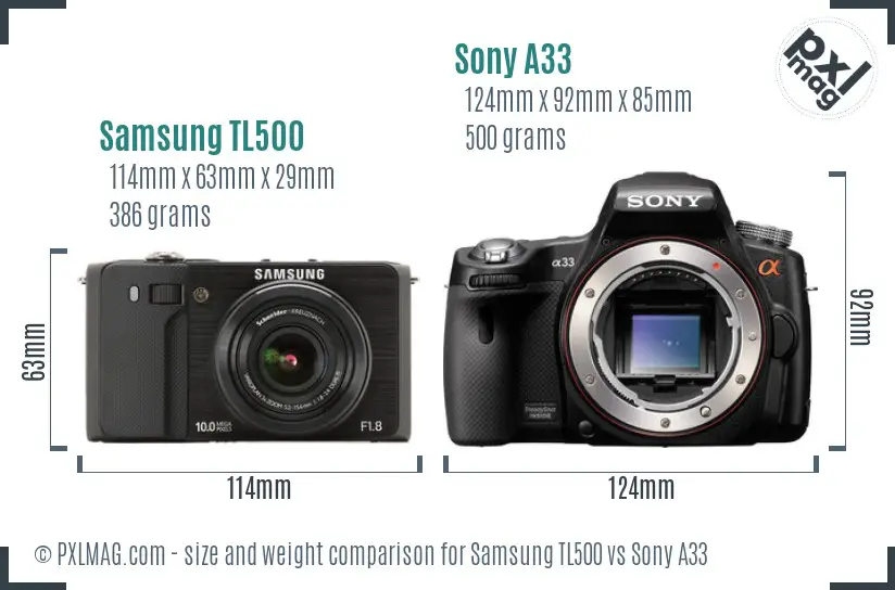 Samsung TL500 vs Sony A33 size comparison