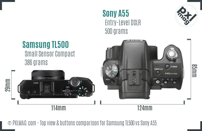 Samsung TL500 vs Sony A55 top view buttons comparison Samsung TL500 vs Sony A55 top view buttons comparison