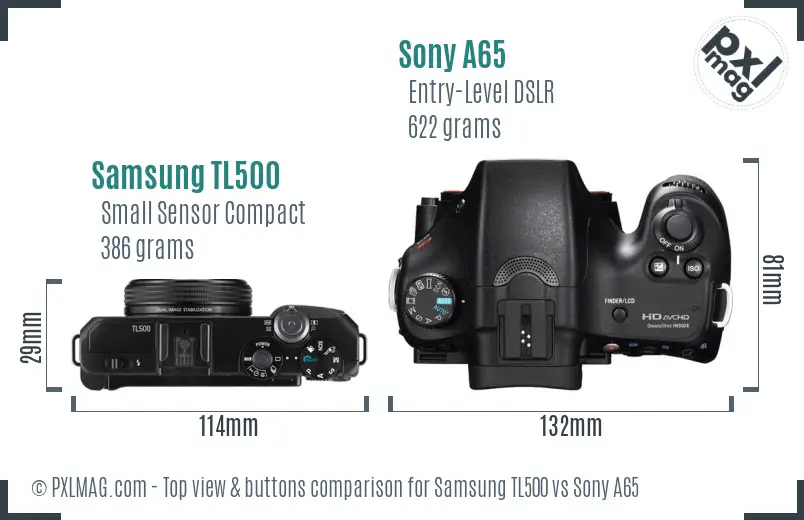 Samsung TL500 vs Sony A65 top view buttons comparison Samsung TL500 vs Sony A65 top view buttons comparison