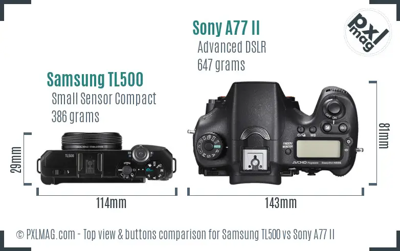 Samsung TL500 vs Sony A77 II top view buttons comparison