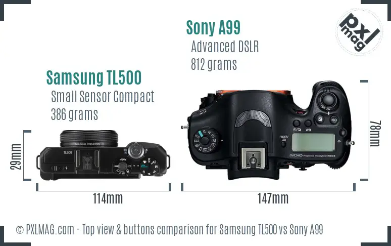 Samsung TL500 vs Sony A99 top view buttons comparison Samsung TL500 vs Sony A99 top view buttons comparison