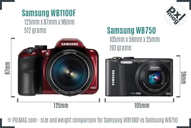 Samsung WB1100F vs Samsung WB750 size comparison