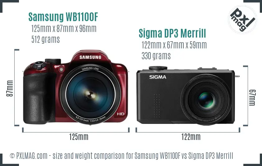 Samsung WB1100F vs Sigma DP3 Merrill size comparison