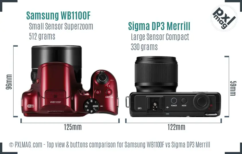 Samsung WB1100F vs Sigma DP3 Merrill top view buttons comparison