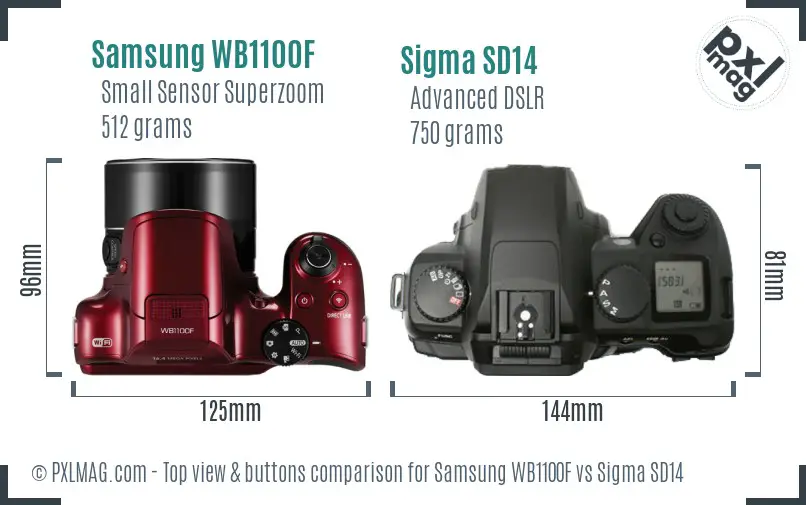 Samsung WB1100F vs Sigma SD14 top view buttons comparison