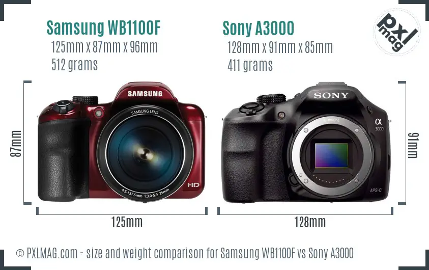 Samsung WB1100F vs Sony A3000 size comparison